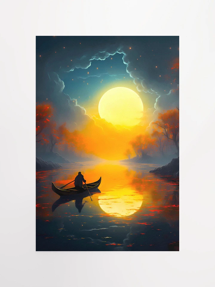 Moonlit Serenity: A Lone Fisherman on Rowboat Under the Moon and Stars Matte Poster product image (2)