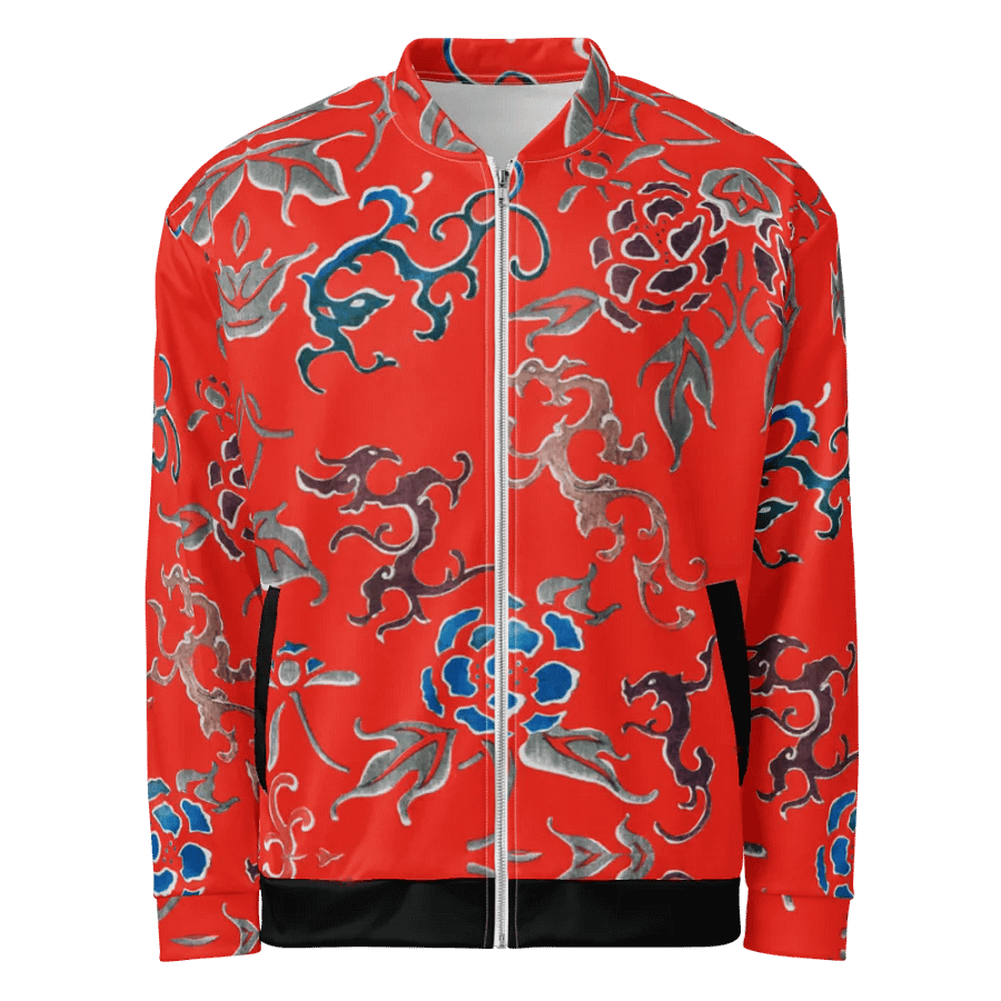 Red Oriental Floral Zip-Front Unisex Bomber Jacket product image (10)