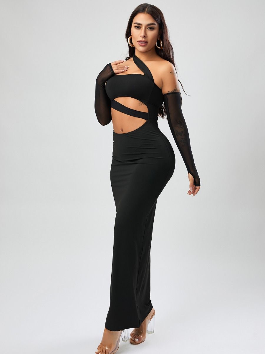 Wholesale high quality slight stretch solid slim hollow sexy maxi dress (with sleeves) product image (2)