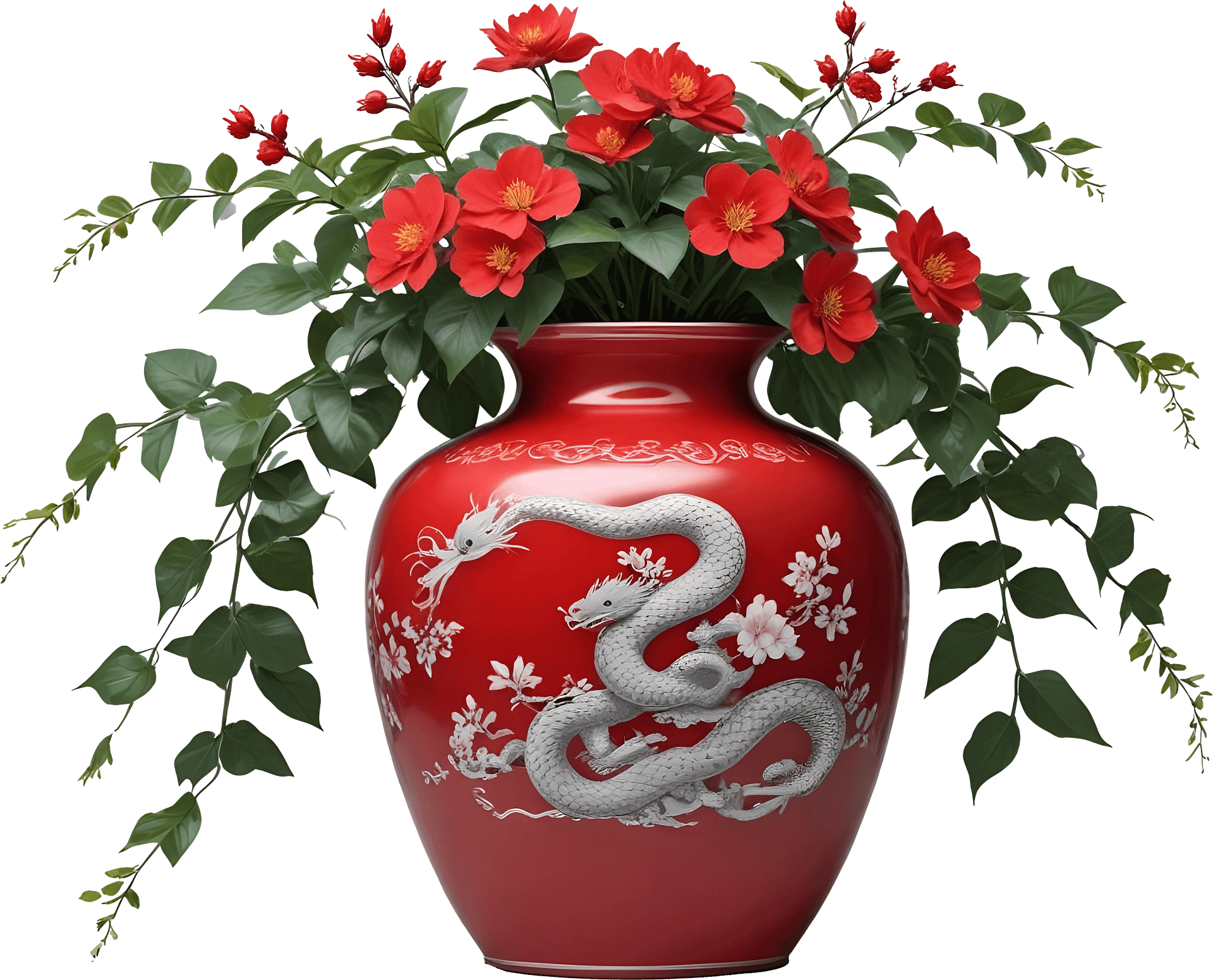 Red Porcelain Vase – Year of the Serpent with Silver Dragon Motif PNG product image (1)