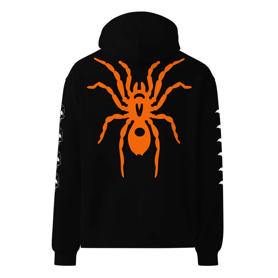 Cozy Halloween Hoodie Featuring Pumpkin Smile, Large Spider on the Back, Bats on One Sleeve, and Skulls on the Other - Perfect for Fall Celebrations and Trick-or-Treating! product image (3)
