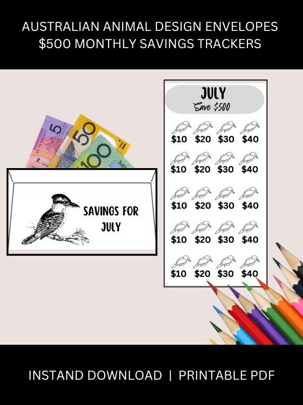 Australian Wildlife Cash Envelope System with Monthly $500 Savings Tracker – Set of 12 product image (1)