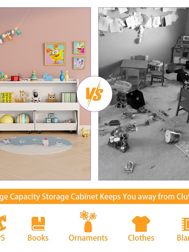 2-Tier Portable Toy Storage, Kids Toy Organizer W/2 Removable Bins with 4 Wheels（White) product image (2)