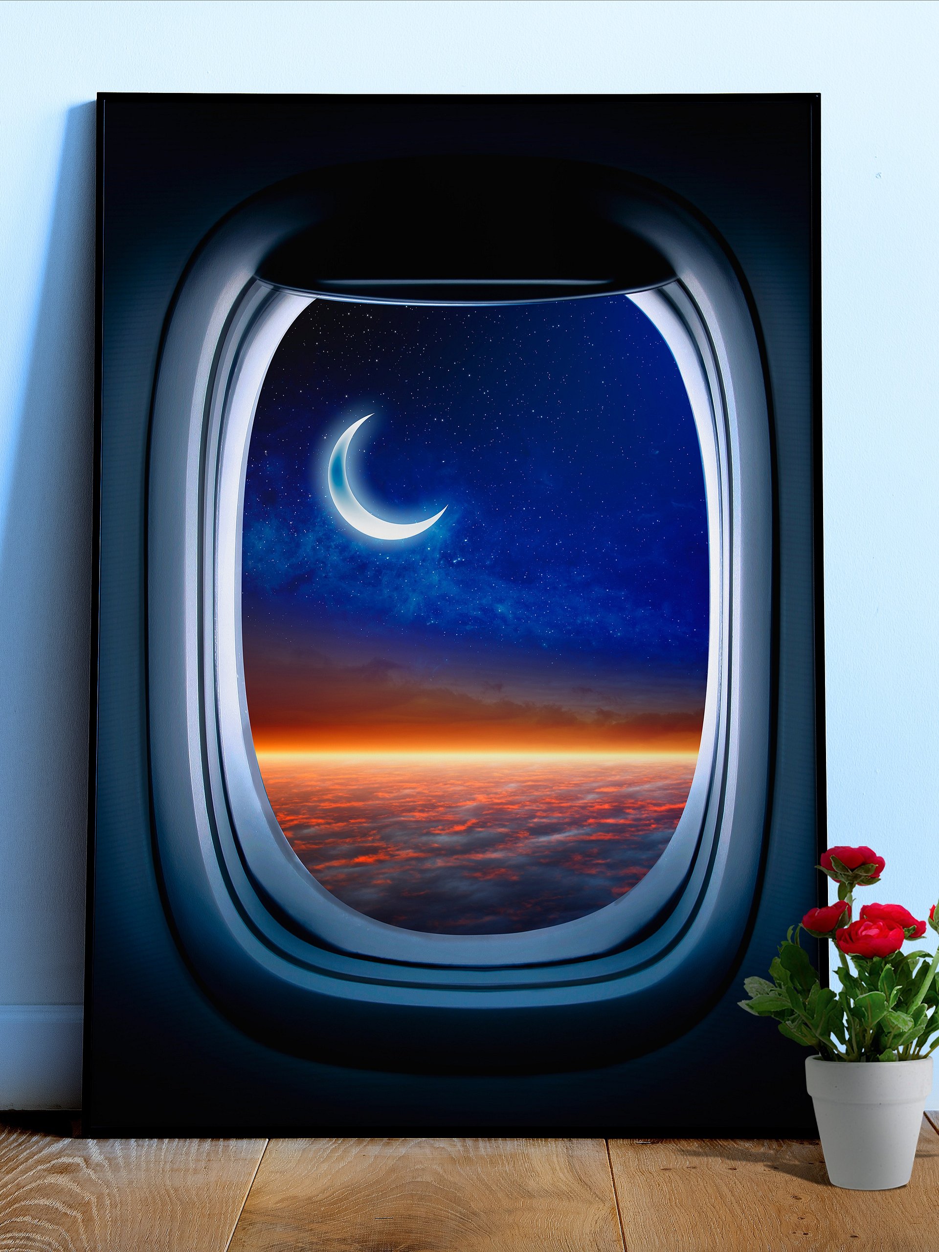Airplane porthole/window and Moon — Photo paper glossy poster. Space poster, space print, travel gift product image (1)