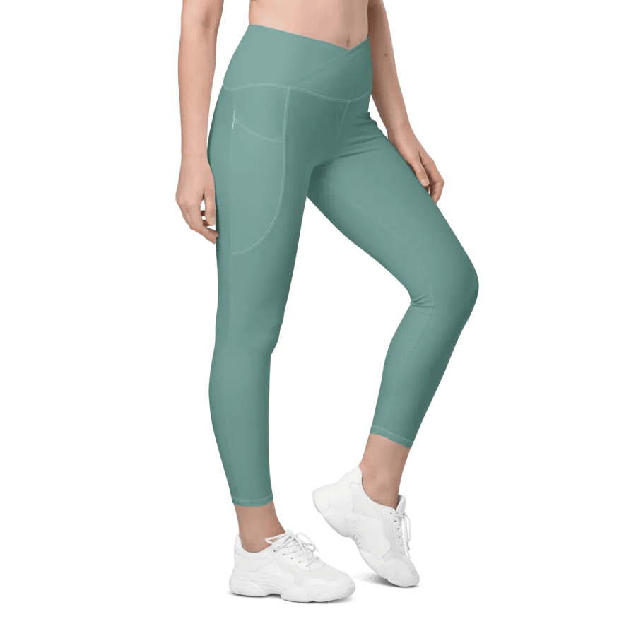 Plain Medium Teal Green Soft Summer Women's High Waisted Premium Crossover Leggings with Pockets by Treasure Pie product image (1)