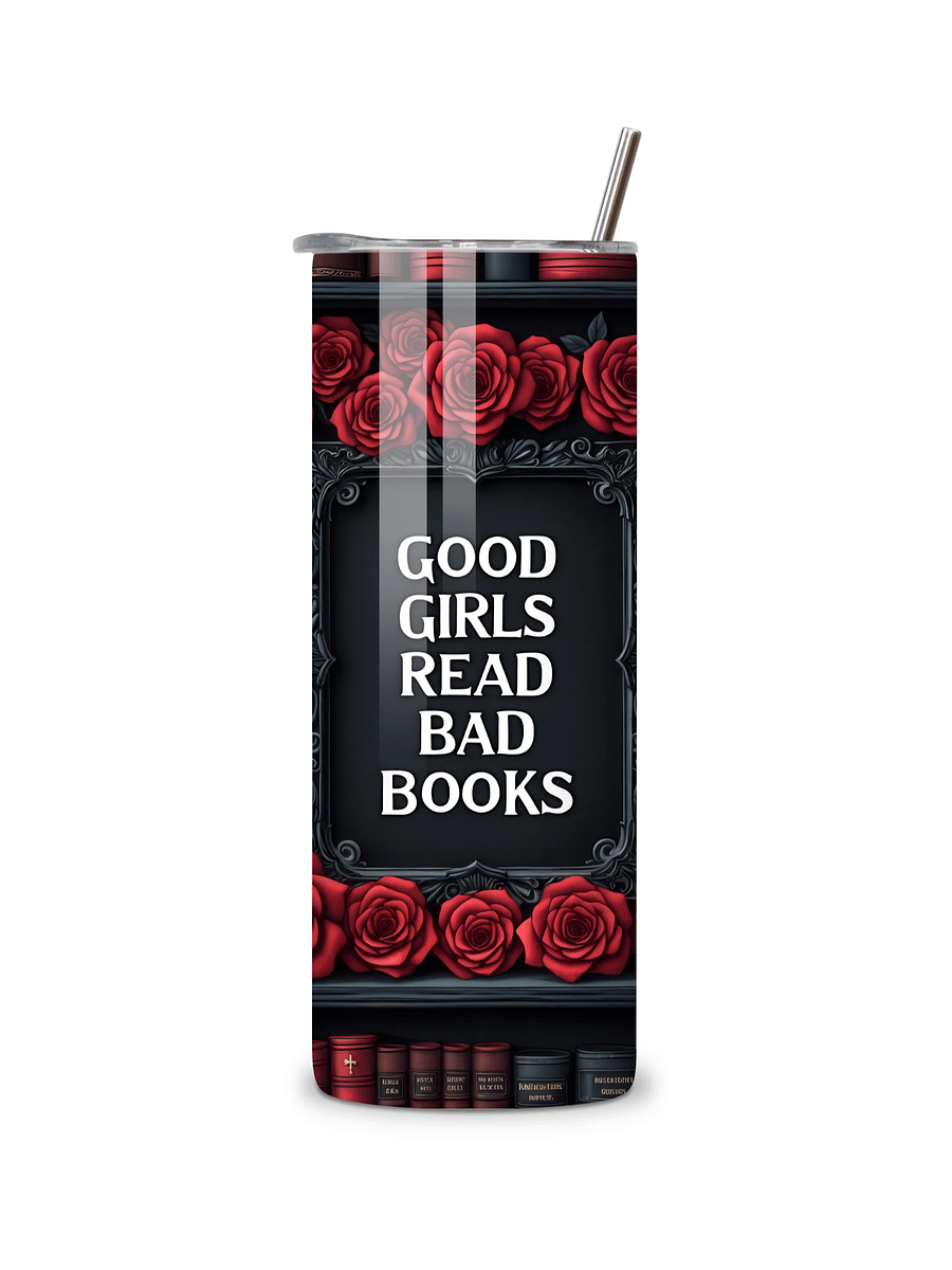 Goth 20oz Skinny Tumbler with Metal Straw – Elegant Red Rose and Library Design – Double-Walled Insulated Stainless Steel Tumbler for Hot & Cold Drinks, Gift for Goth Book Lover product image (3)