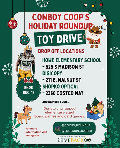 🧀 PACKERS FANNNSSSS! 🎄 We’re excited to help promote Cowboy Coop’s Holiday Roundup Toy Drive! 

Join us in supporting @edgerr...
