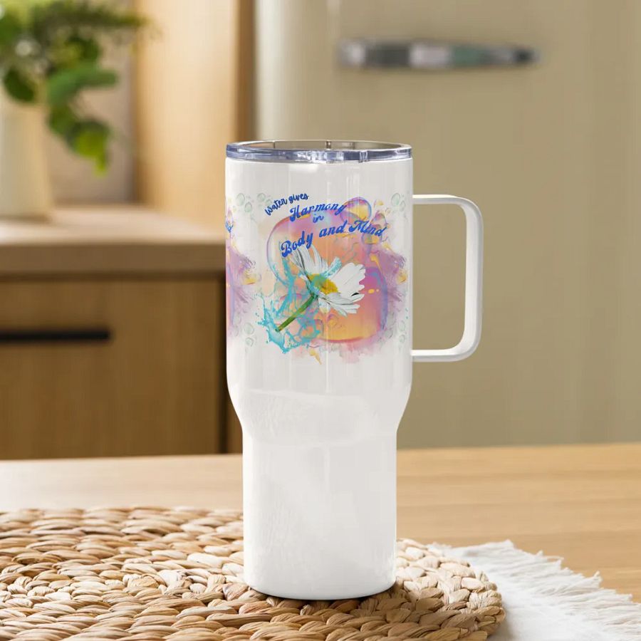 Travel mug with handle with beautiful swirly blue water drops  featuring This water gives Harmony in Body and Mind'. product image (11)