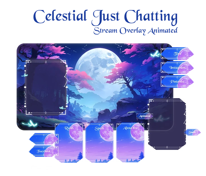 Sky Night Just Chatting Pack, Light & Dark Twitch Overlay, Blue Pink Glowing Forest Aesthetic, Animated Scenes Vtuber, Just Chatting Overlay product image (1)