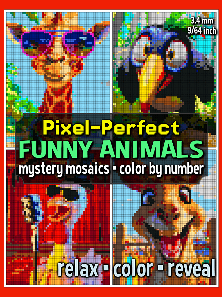 Pixel-Perfect Funny Animals Mystery Mosaic Color By Number: Pixel Art Digital Coloring Book with 36 Illustrations product image (1)