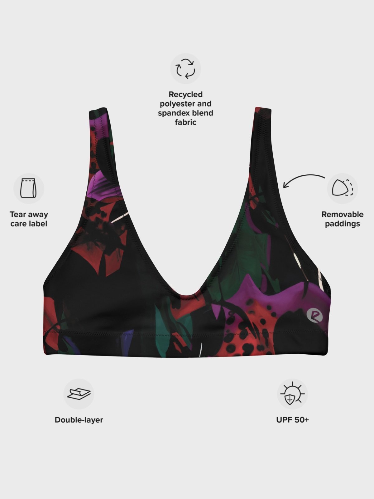 Recycled Padded Bikini Top "Blosoom At Midnight" product image (8)