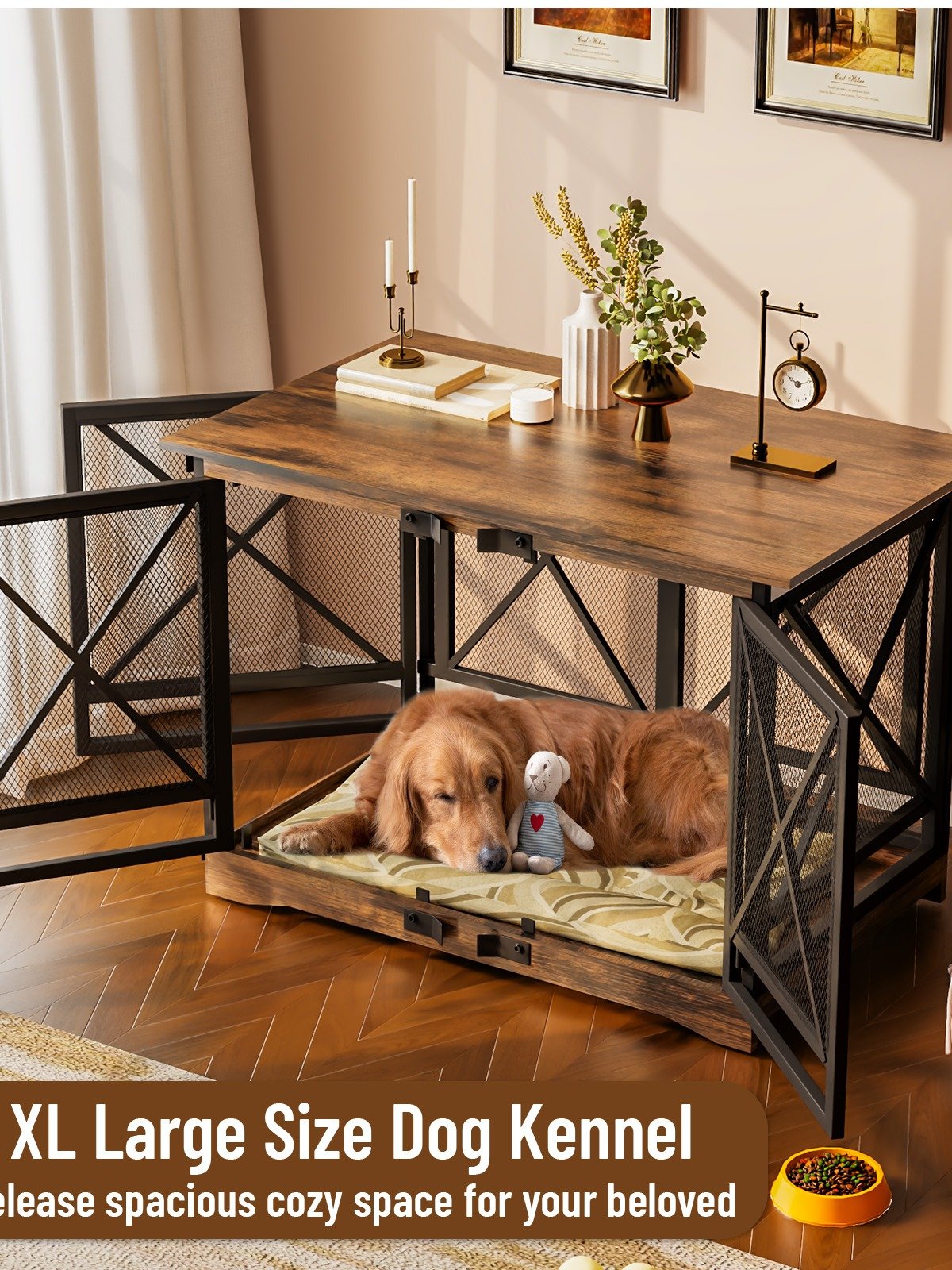 48 inch Extra Large Dog Crate Furniture,Double Door Indoor Kennel,End Side Table Wooden Dog Crates,Anti-Chew Anti-Escape, Wood product image (7)
