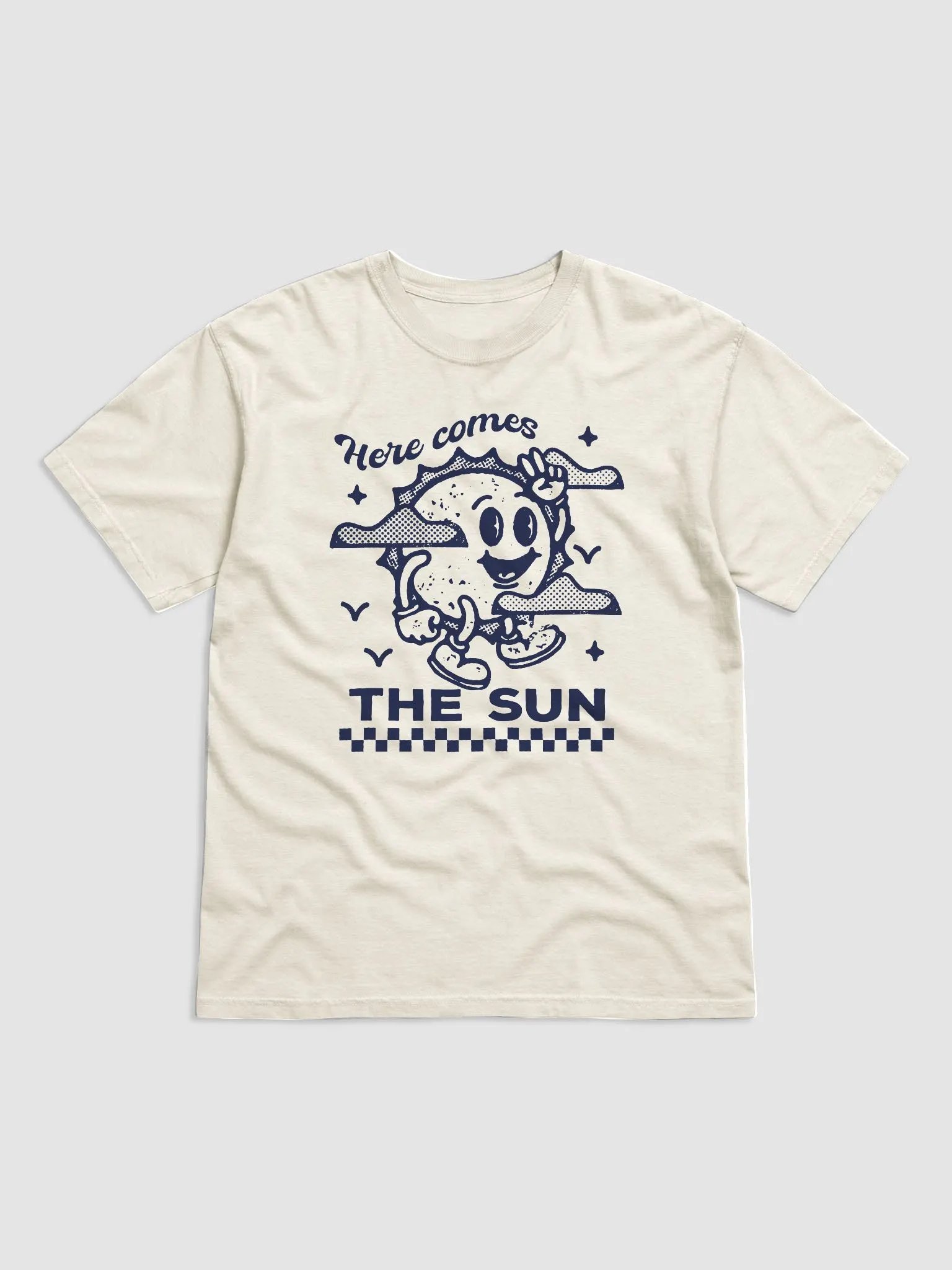 Here Comes the Sun | Motivational Retro-Style Hipster T-Shirt of a Sun Mascot on a Checkerboard Pattern product image (16)