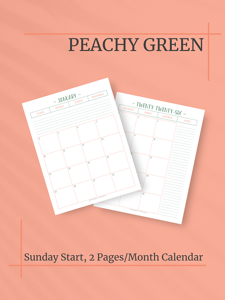 Peachy Green 2026 Calendar - 2 Pages per Month, Sunday Start, Letter Size product image (1)