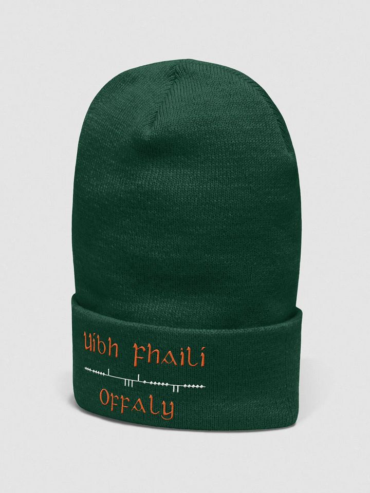 Offaly/Uíbh Fhailí Scholastic style Ogham, Green with white and orange, embroidered Cuffed Beanie product image (2)