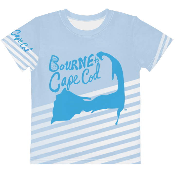 Boys' | Little Kids T-Shirt | BOURNE to Cape Cod™ | Front & Sleeve Logo | BRN.2C.C.™ Back Graphic | Vibrant Coastal Tee for Kids | Blue Logo on Skyline Stripes product image (1)