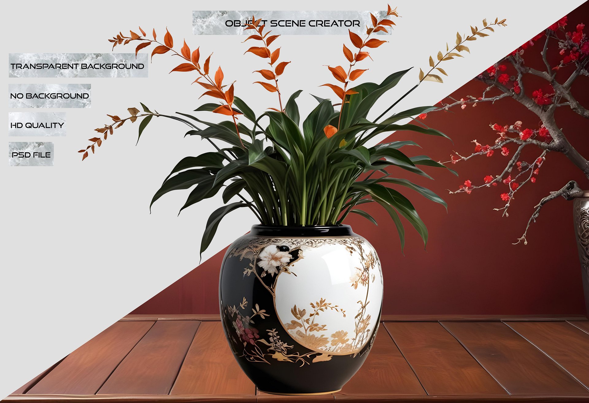 Black and White Chinese Vase – Golden Floral Elegance PNG product image (2)