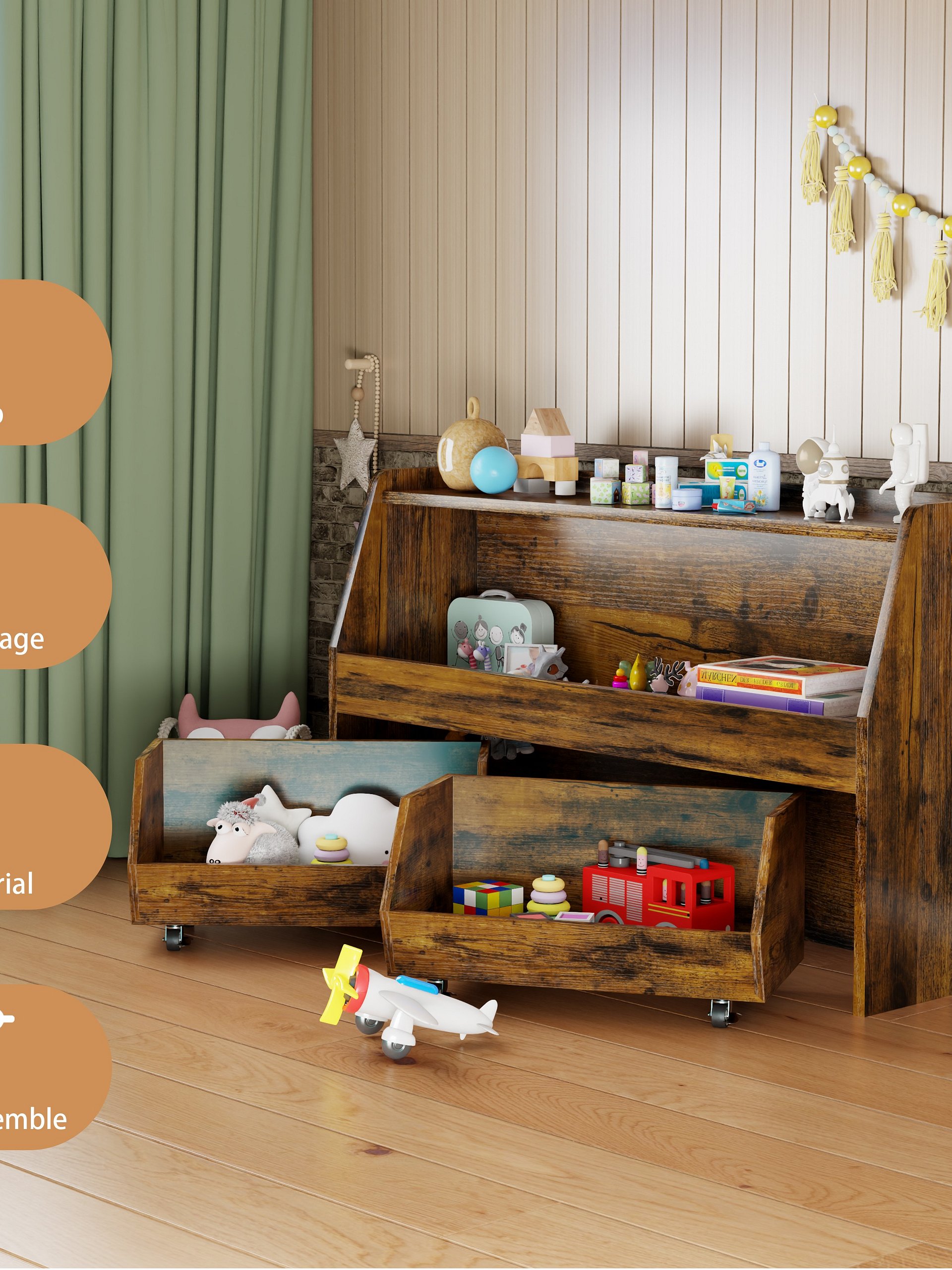 2-Tier Portable Toy Storage, Kids Toy Organizer W/2 Removable Bins with 4 Wheels（Brown) product image (6)