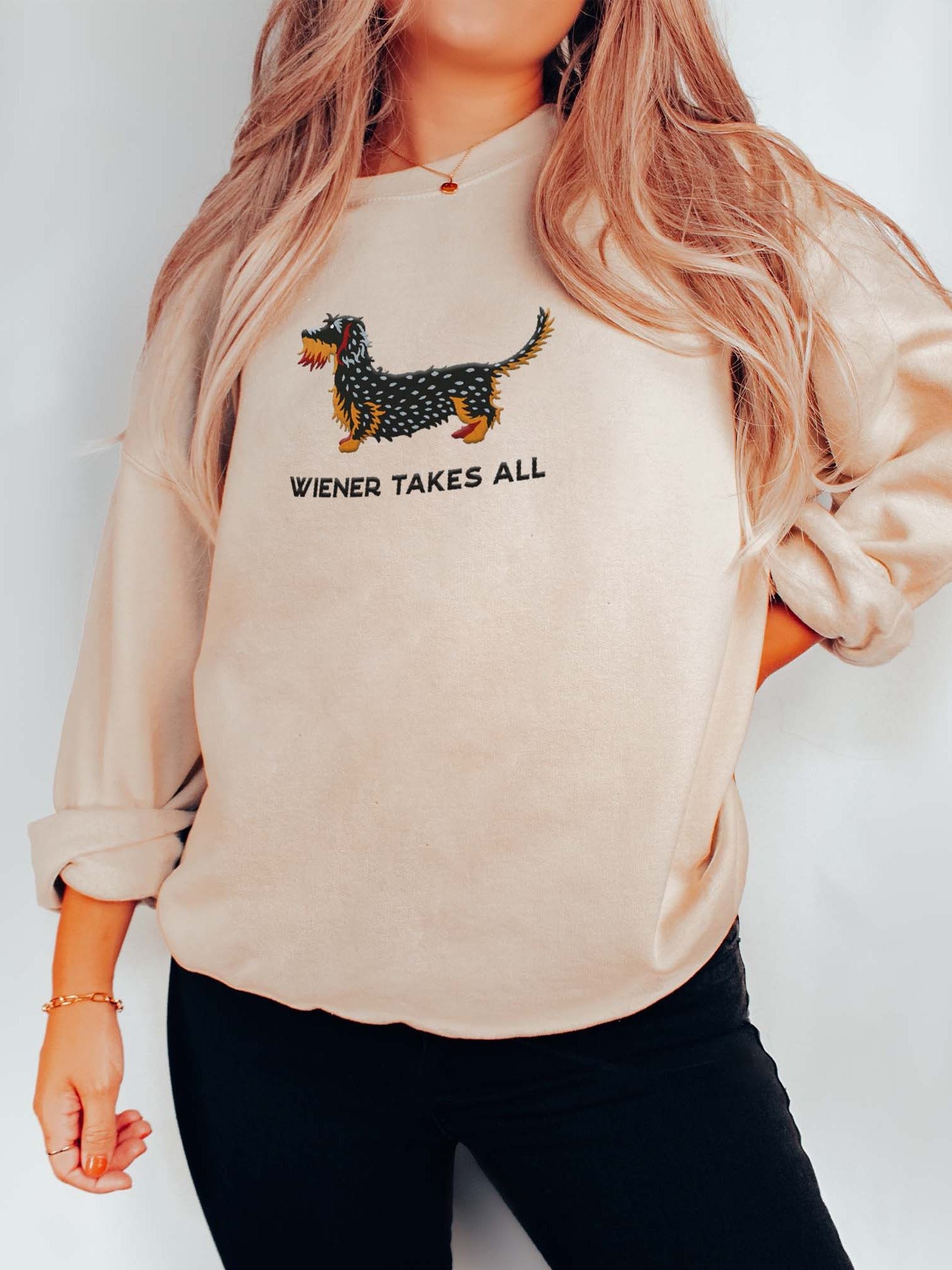 Wiener Takes All Sweatshirt (Embroidered) of a Wirehaired Dachshund(Salt & Pepper) product image (2)