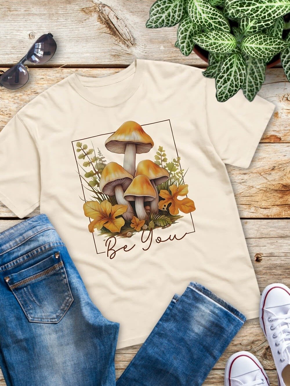 Be You Inspirational Mushroom T-Shirt - Orange Mushrooms & Fall Leaves Graphic Tee product image (1)
