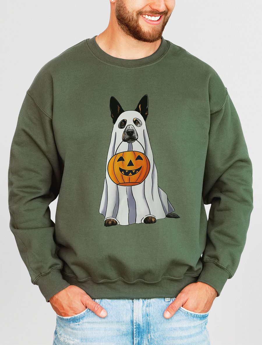 Australian Cattle Dog Halloween Sweatshirt | Funny Halloween Blue Heeler Wearing a Ghost Costume with Pumpkin Basket product image (19)