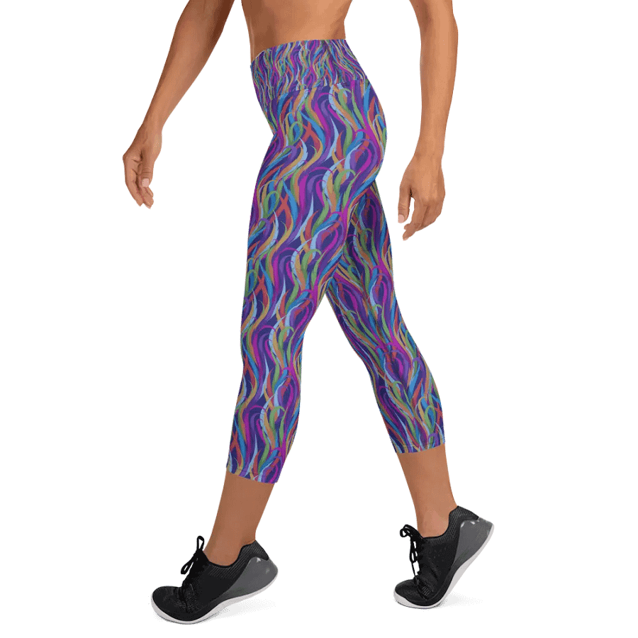 Yoga capri  leggingsmodern blue mauve and turquoise  design on black background product image (9)