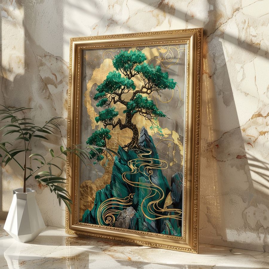 Emerald Green& Gold Kintsugi Bonzai Tree Japanese Art Print product image (21)
