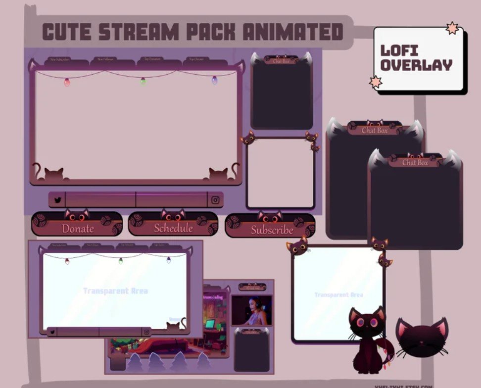 Cute Stream Overlay Animated pack, Cat Stream Overlay Pack, Vtuber Stream Overlay product image (1)