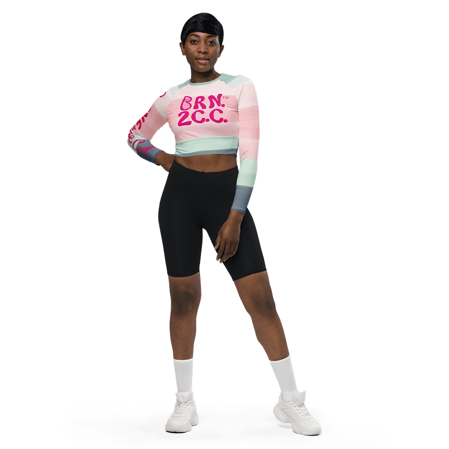 BOURNE to Cape Cod™ Crop Top | BRN.2C.C.™ Coastal Bold | Recycled Long Sleeve Statement Wear 🌊💃☀️ | Vibrant Pink Logos on Horizon Stripes product image (2)