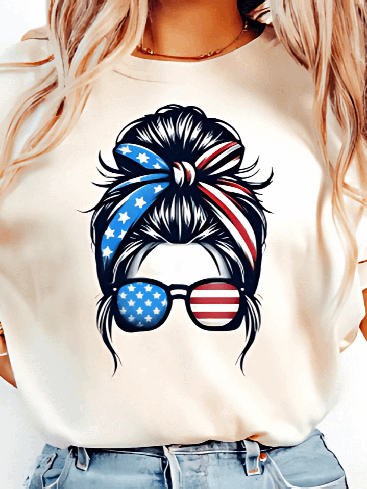 Messy Bun USA Sublimation PNG – Stylish 4th of July Patriotic Shirt Design – American Flag Hair Theme for Independence Day – 300 DPI Instant Download product image (1)
