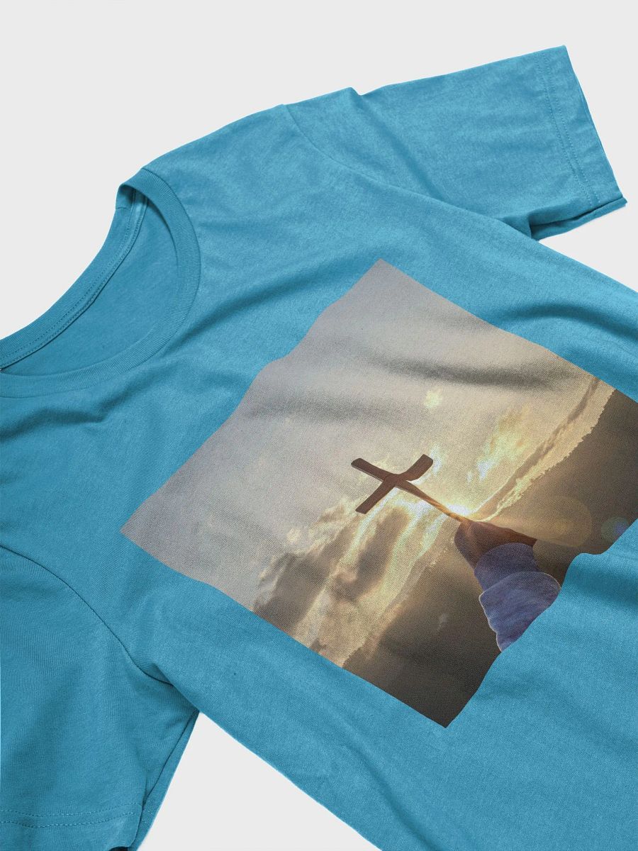 Wooden cross being held up against the backdrop of a sunrise t-shirt product image (3)