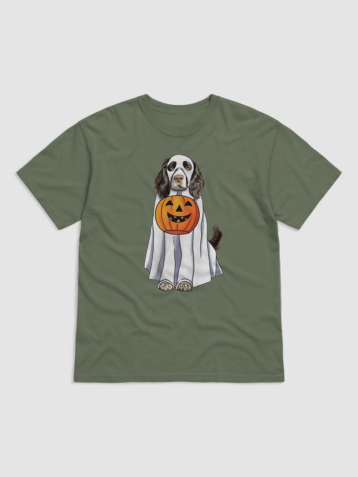 Springer Spaniel(Black) Halloween Tee | Funny Fall & Halloween Spaniel Wearing Ghost Costume w/ Pumpkin Basket product image (2)