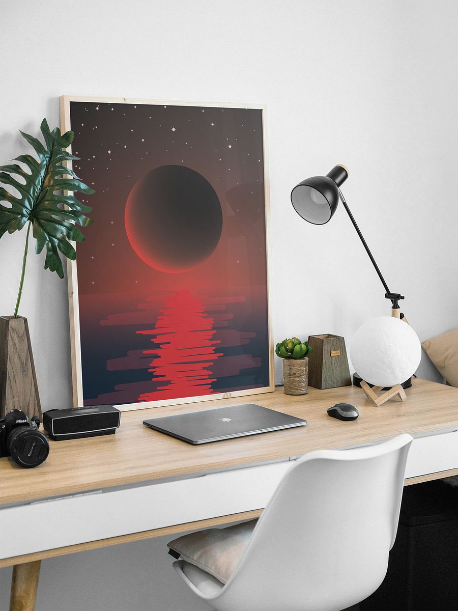 Scarlet Sea Serenade : Enchanting Nightscape Art Print with Bloody Moon Glow – Perfect for Dreamy Decor Lovers product image (3)