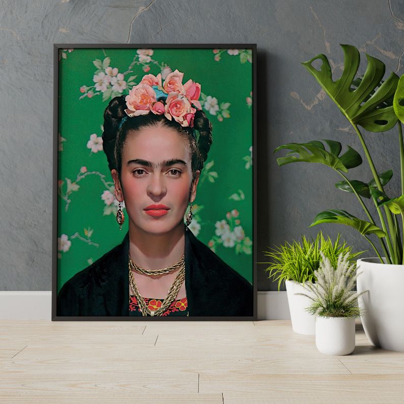 Frida Kahlo Portrait Photo in front of Green Floral Background product image (6)