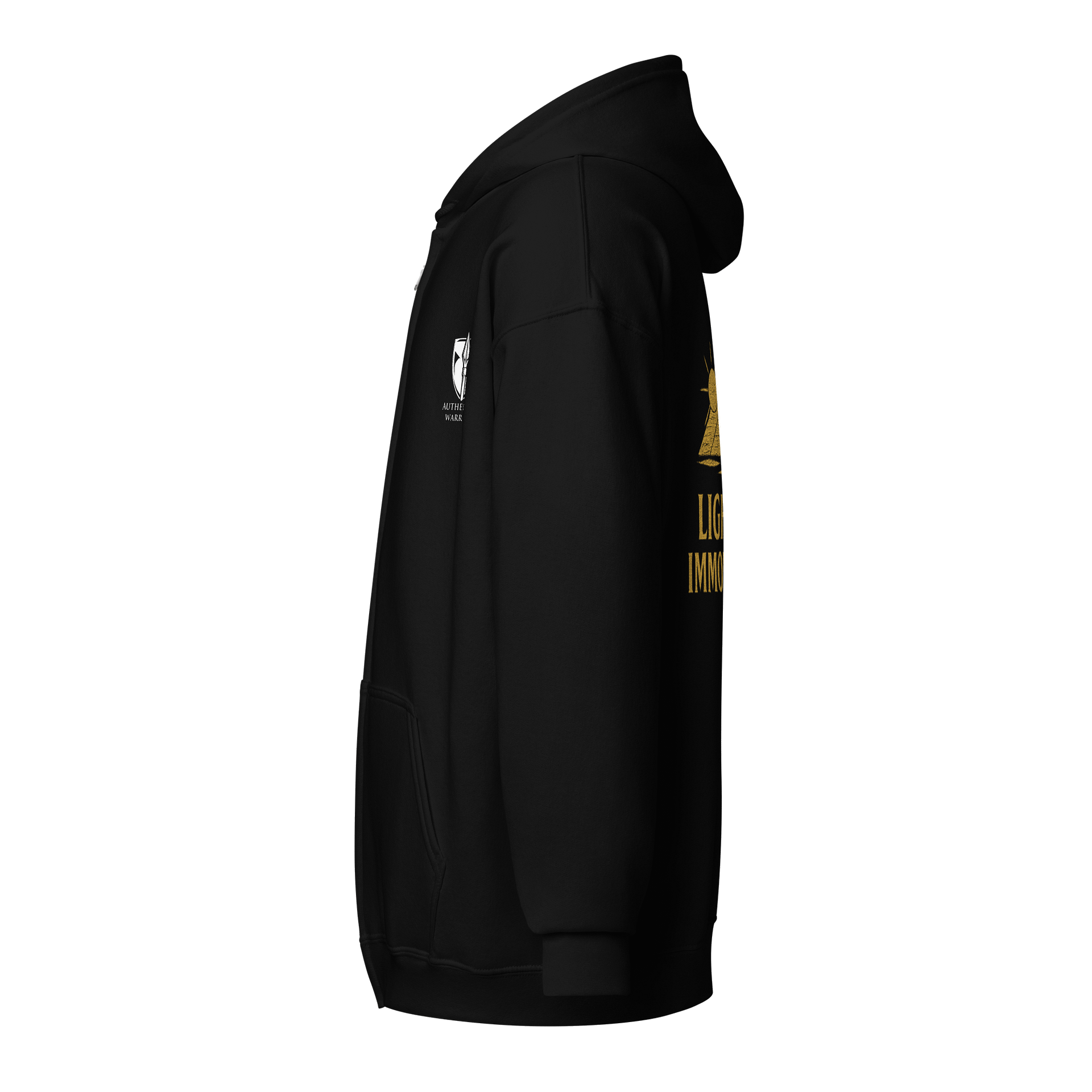Unisex Black Shield Emblem Zip Hoodie — Gold "Light of Immortality product image (3)