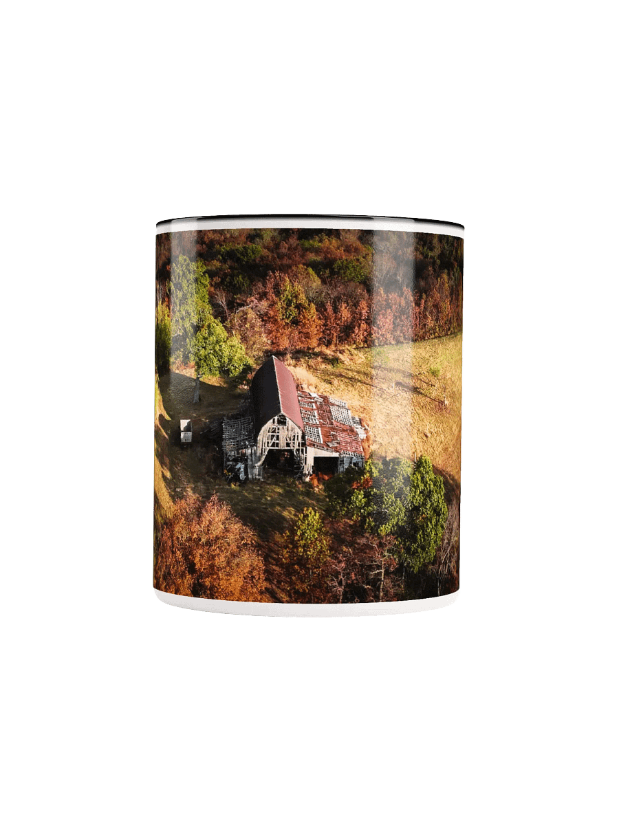 A ceramic mug, with a rustic, timeworn barn amongst the beautiful autumn colors in Taney County, Missouri. product image (45)