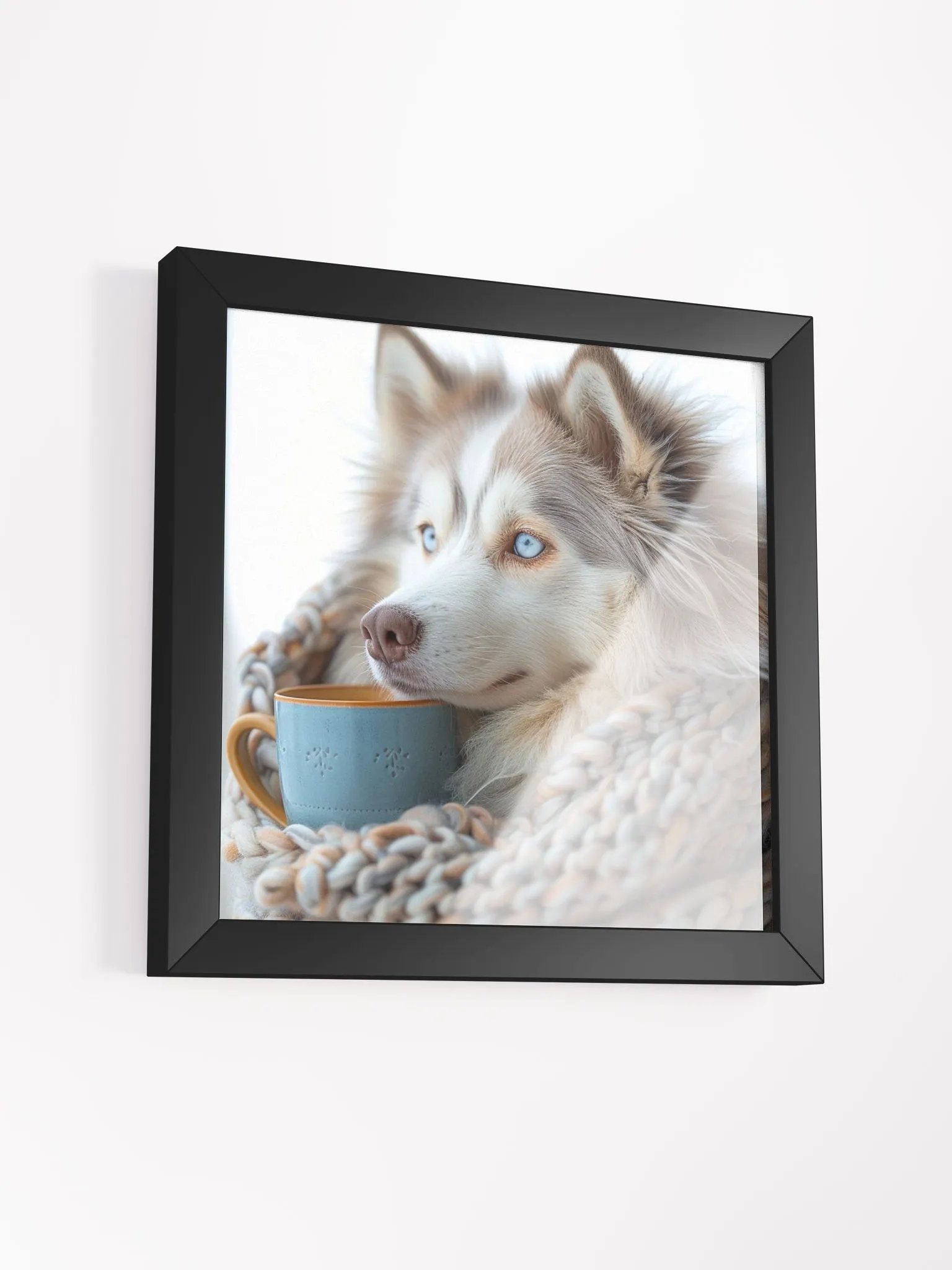 Coffee Lover Cute Blue Eyed Husky Dog Framed Wall Art product image (2)
