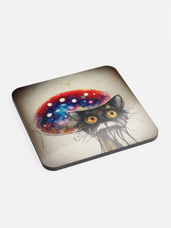 Whimsical Cat and Mushroom Glossed Cork Coaster product image (2)
