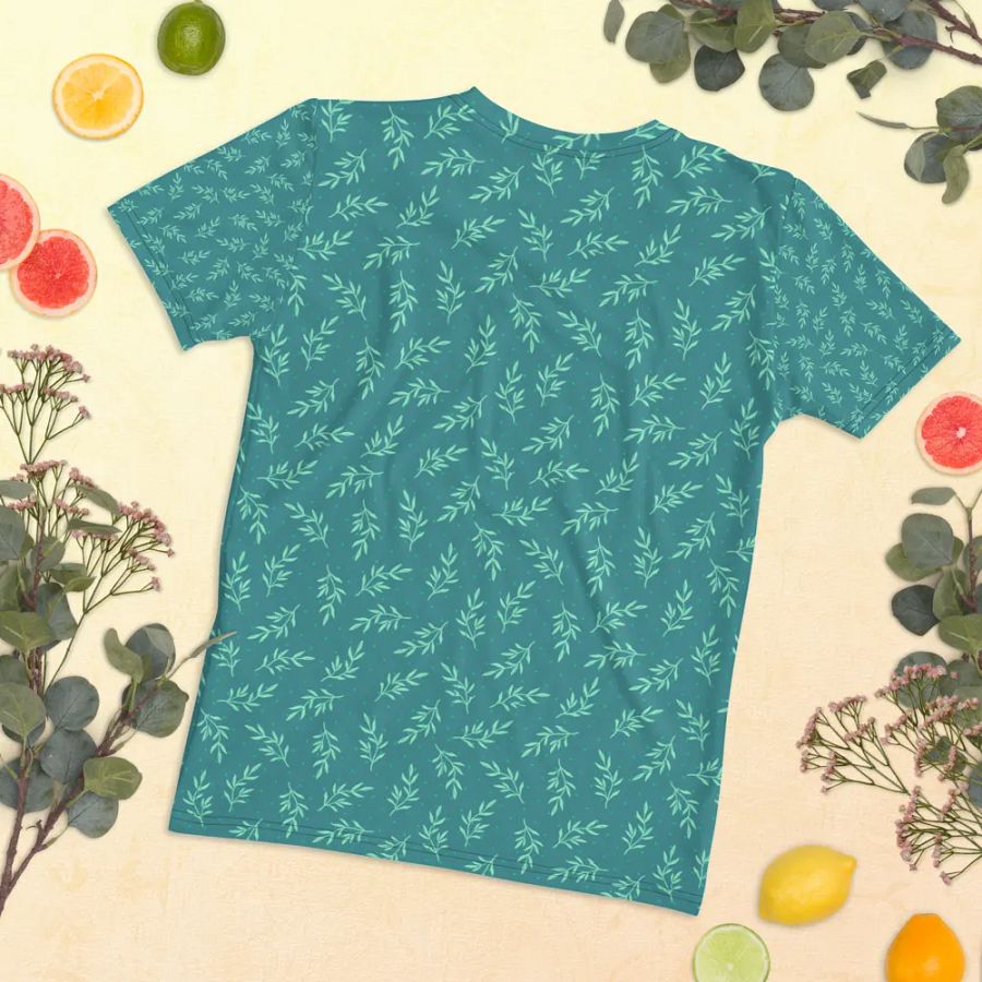 Ladies T shirt all over print teal color  leafy design  giving a fresh healthy feel. product image (11)