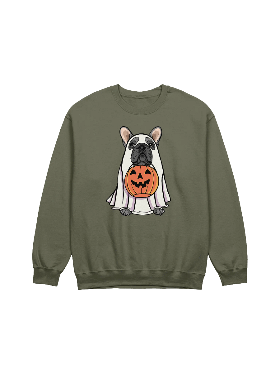 Funny Halloween French Bulldog(Blue) Sweatshirt | Funny Frenchie Wearing a Ghost Costume and Holding a Pumpkin Basket product image (17)