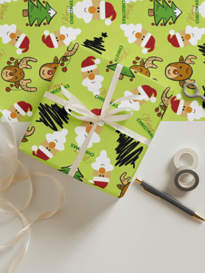 Reindeer, Santa, Christmas Tree Wrapping Paper - Green product image (1)
