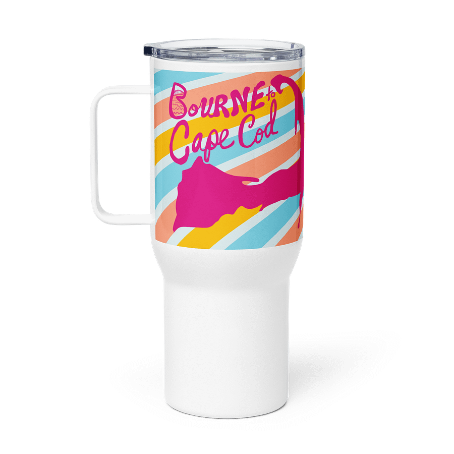BOURNE to Cape Cod™ | Allcolor 267 | Stainless Steel Travel Mug with Handle | Insulated, Spill-Proof, Coastal Adventure Style | Pink Logo on Bright Stripes product image (2)