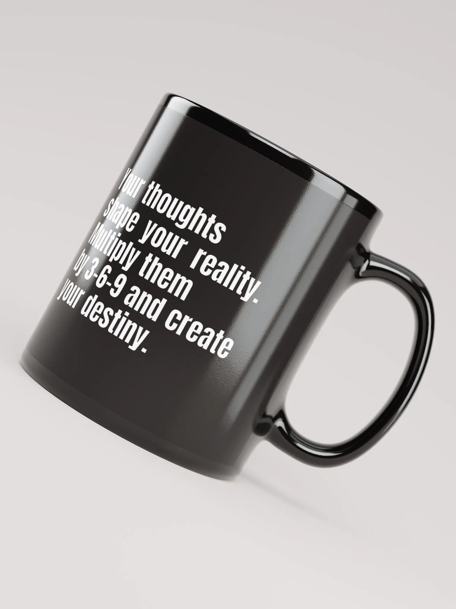 Black Motivational Mug – "Your Thoughts Shape Your Reality" – 3-6-9 Manifestation Design product image (7)