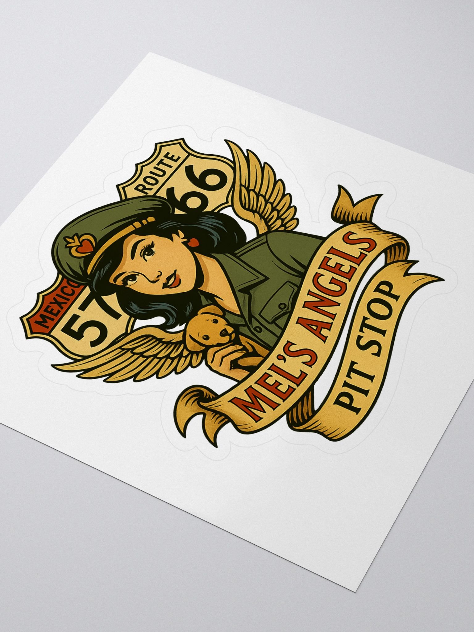 Mel’s Angels Pit Stop Kiss-Cut Sticker – Retro Biker Pin-Up with Dog & Route 66 Design product image (3)