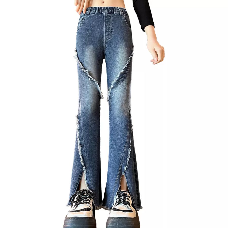 Kids Girls Ripped Wide Leg Jeans Pants Fashion Solid Color Denim Bottoms Trouser product image (3)