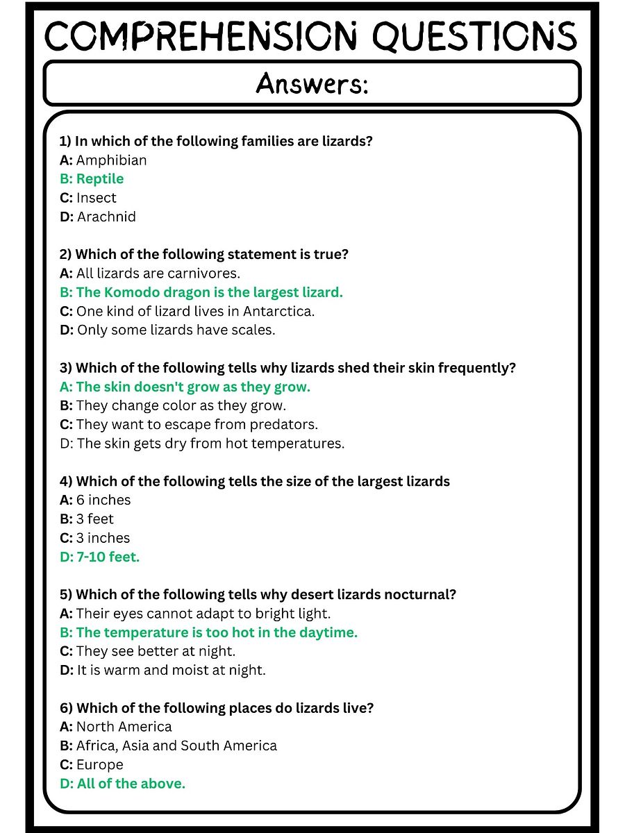 lizards READING COMPREHENSION | MULTIPLE-CHOICE QUIZ & ANSWER KEY product image (4)