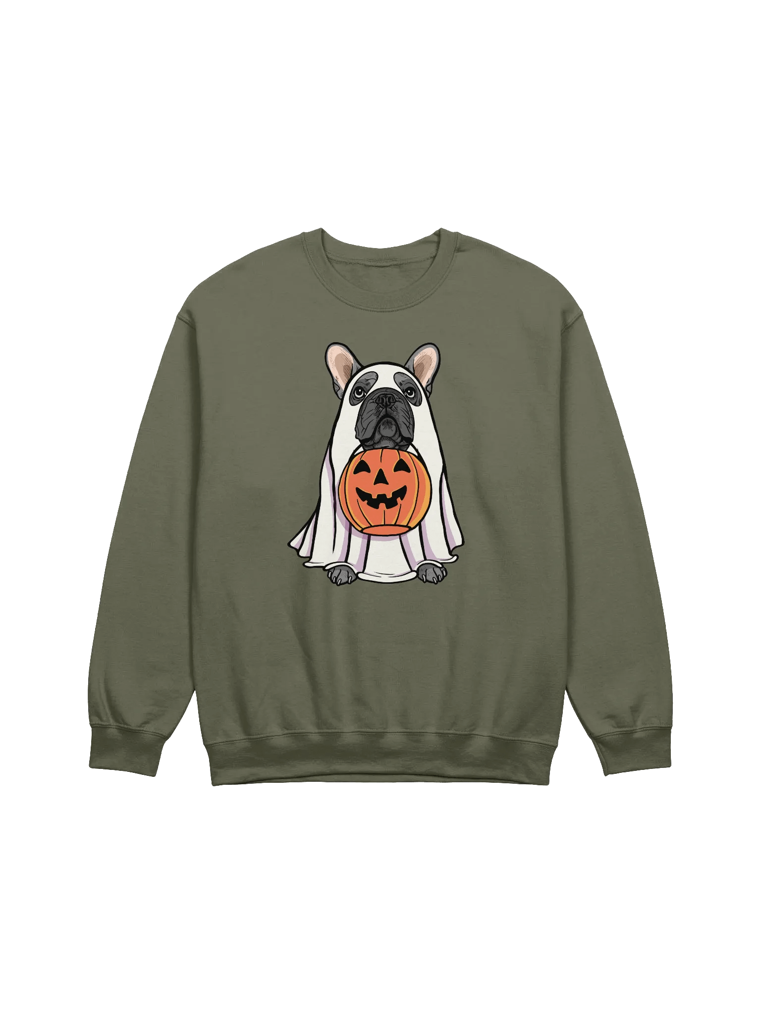 Funny Halloween French Bulldog(Blue) Sweatshirt | Funny Frenchie Wearing a Ghost Costume and Holding a Pumpkin Basket product image (17)