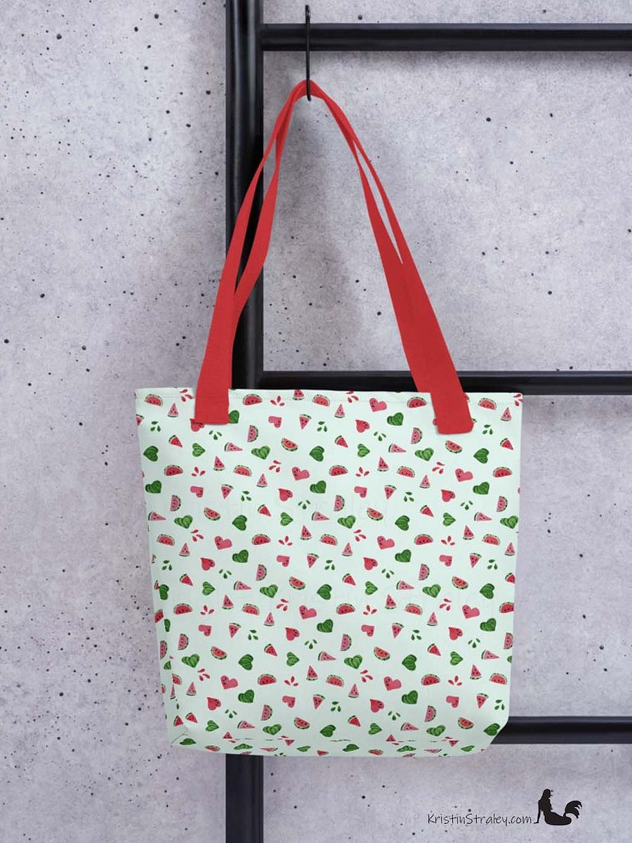 Tossed Watermelons and Hearts on Mint Reusable Tote Bag product image (5)