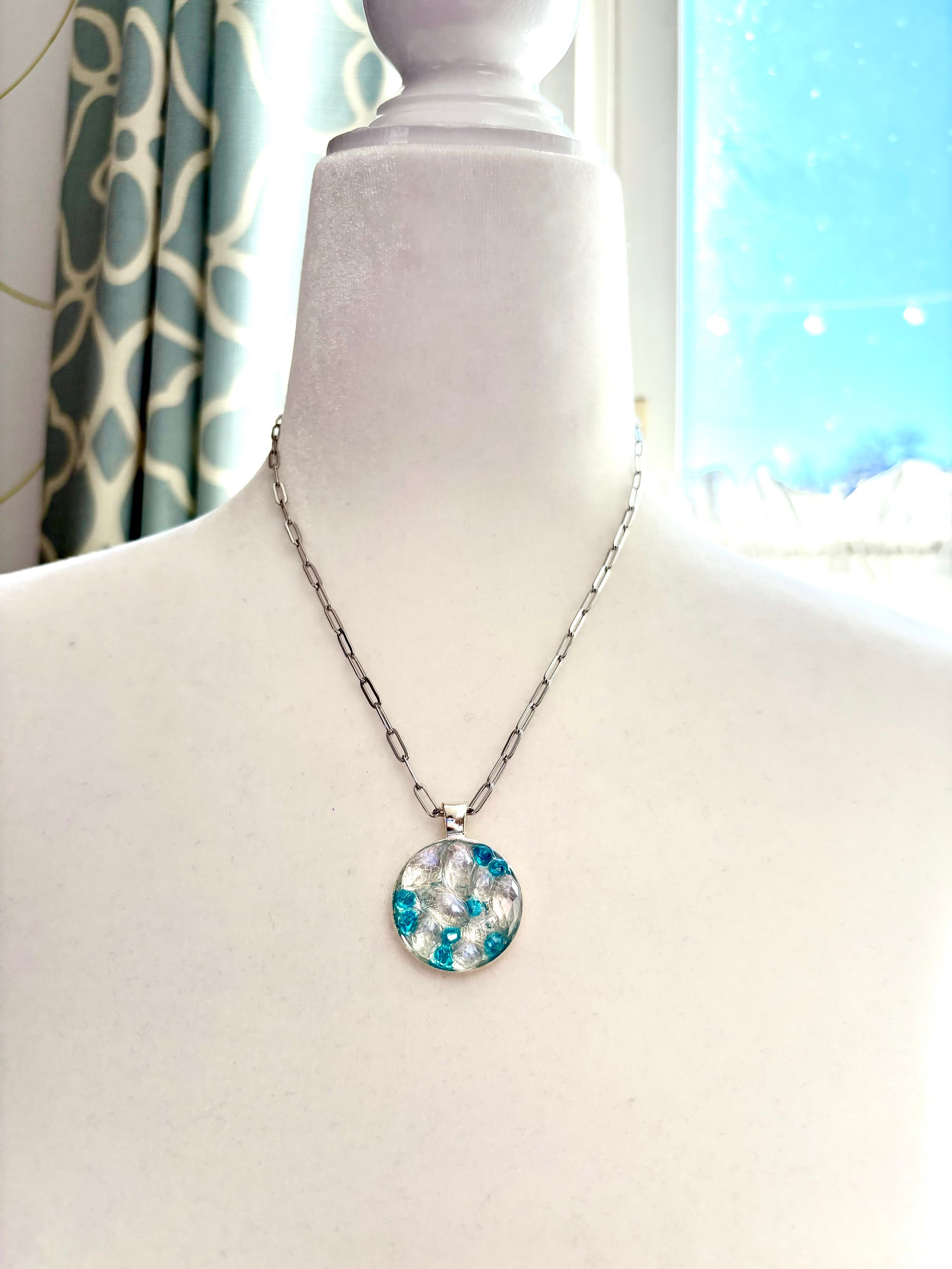 MFD-00292 | Frosted Window Pendant Necklace | Turquoise | Stainless Steel Paperclip Chain | Handmade Jewelry by Monique Faella Designs™ product image (4)