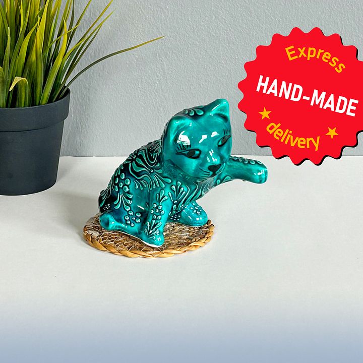 Ceramic turquoise cat — handmade pottery, handmade ceramic, home decor, handmade gift, Turkish ceramic product image (1)